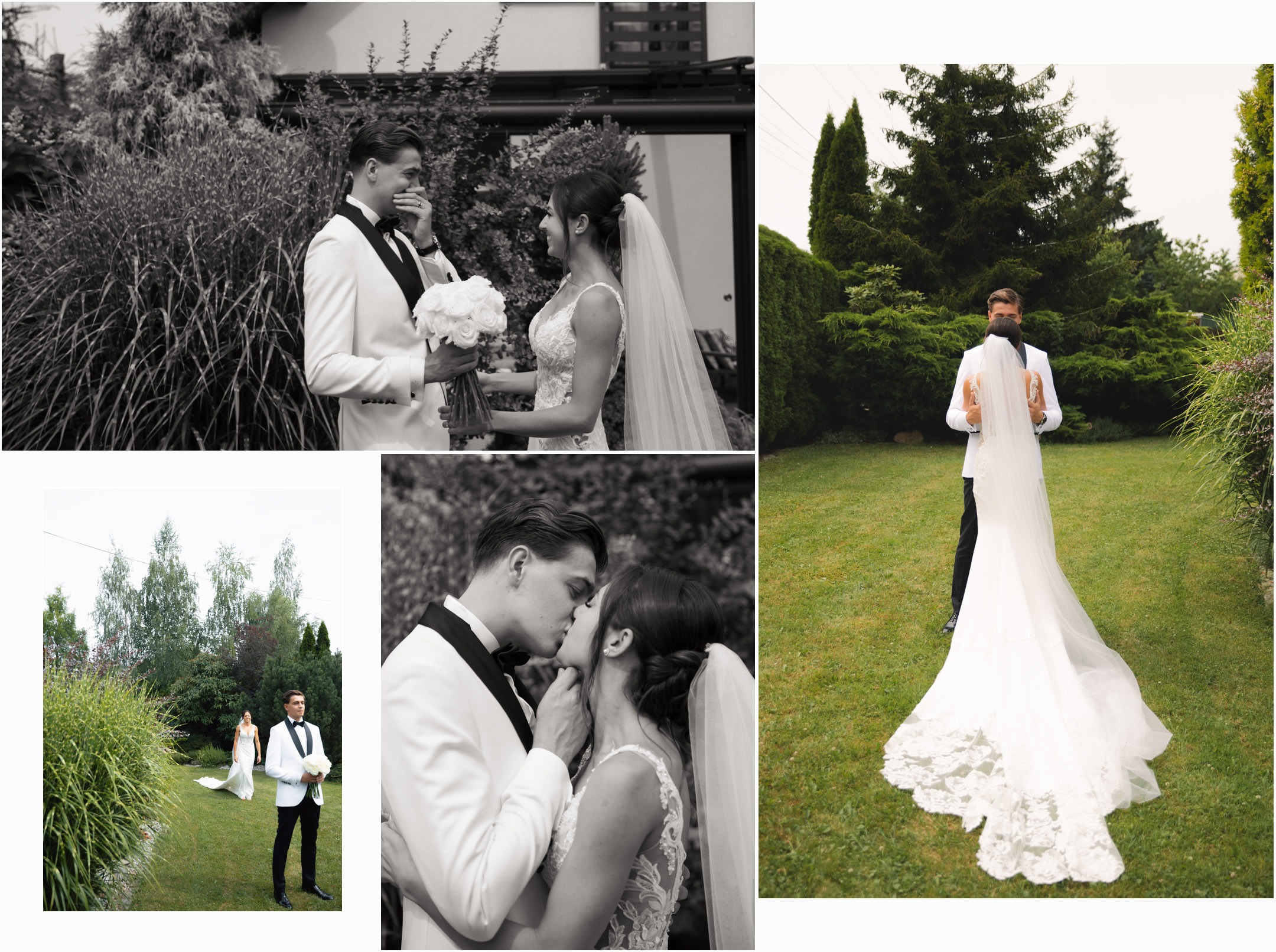 first look w ogrodzie przy domu panny młodej przed ślubem